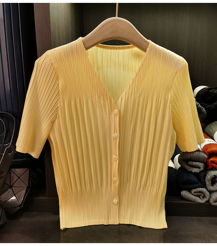 Áo cardigan cổ chữ V tay ngắn nữ phối nút đơn chất liệu mỏng mùa xuân hè — Màu xanh lục nhạt, Màu đen, Màu tím nhạt, Màu hồng chi tiết 8