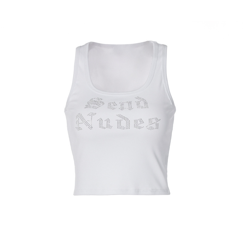 Women's Sexy U-Neck Sleeveless Short Vest Casual Fashion American Style Spring Summer Rhinestone Detail_ecoleips.com