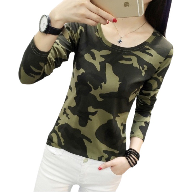 Camiseta de manga larga para mujer, venta al por mayor transfronteriza, otoño 2026, estampado de camuflaje, corte holgado, talla grande, estampado 3D moderno.