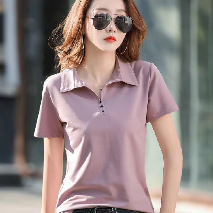 Large Size Short-sleeved T-shirt Polo Collar 2023 Summer Korean Style New Solid Color All-match Top Women's Slimming T-shirt Base Shirt
