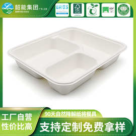 一次性可降解纸浆分格纸盘外卖环保带盖食堂加厚三格托盘