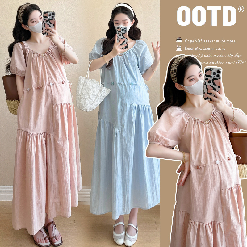 Summer Pregnant Women's French Sweet Dress Loose Large Size Puff Sleeves Beaded Pregnancy Super Fairy First Love Skirt Platycodon Skirt