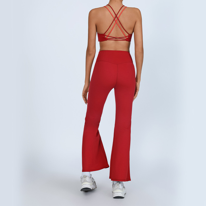 Comercio exterior transfronterizo europeo y americano nuevo traje de yoga belleza femenina chaleco cruzado de color de contraste cintura alta pantalones acampanados blancos de secado rápido