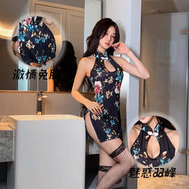 古风旗袍情趣内衣激情镂空诱惑开叉调情无袖印花修身制服套装女