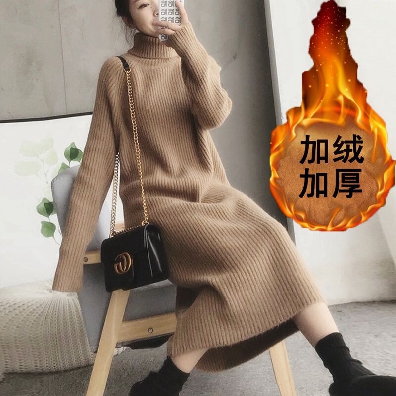 Thickened Fleece-Lined Over-The-Knee Knitted Sweater Dress for Women, Loose High-Neck Warm Dress with a Luxurious Feel, Long Style for Winter Layering