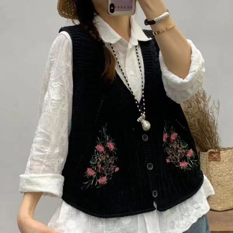 【 Cashmere Family 】 Cardigan in lana con scollo a V, gilet, maglione corto senza maniche ricamato lavorato a maglia, canotta, primavera_voghion.com