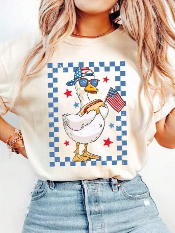 【Cross-Border European Size】Women's Summer Patriotic Duck Print Short Sleeve Casual Loose T-Shirt Commemorative Day Shirt, Available 【Cross-Border European Size】Women's Summer Patriotic Duck Print Short Sleeve Casual Loose T-Shirt Commemorative Day Shirt, Available