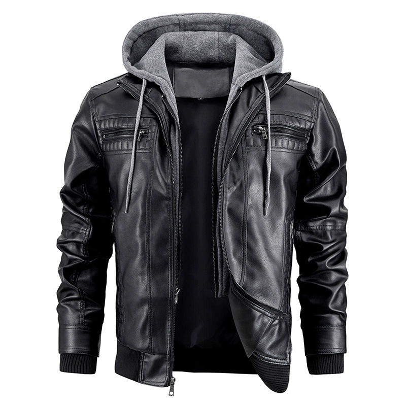 Men's Clothing hooded PU leather jacket leather jacket men's winter new warm coat _voghion.com