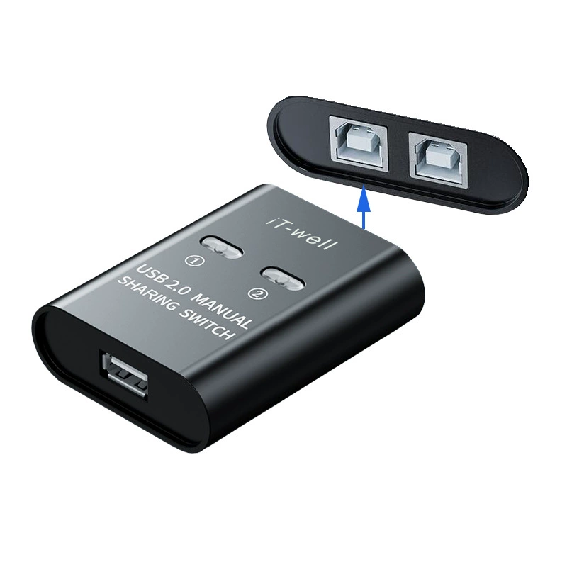 Устройство совместного использования принтера без драйверов USB с 2 порта, конвертация 2-в-1, пластиковый корпус, совместимость по мануалу, ответвительный коммутатор