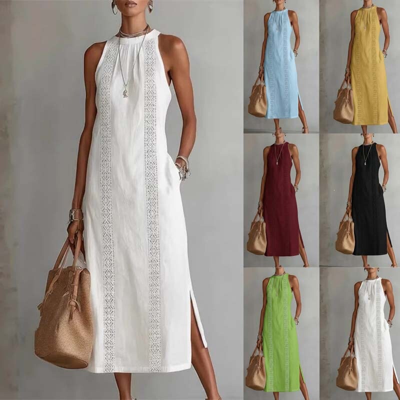 2026 European and American casual style halter neck sleeveless long dress, solid color, lace splicing, side slit, with pockets, versatile dress 2026 European and American casual style halter neck sleeveless long dress, solid color, lace splicing, side slit, with pockets, versatile dress