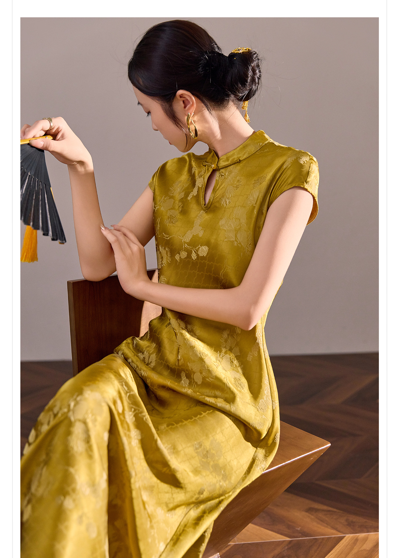 Váy suông midi không tay thêu họa tiết quốc phong cải tiến mùa hè — vàng, màu xanh bạc hà, Bột quế chi tiết 30
