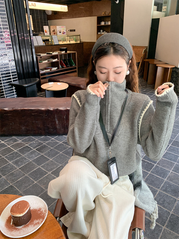 灰色半拉链高领毛衣女2025春秋新款拼接针织衫宽松设计感上衣女|undefined