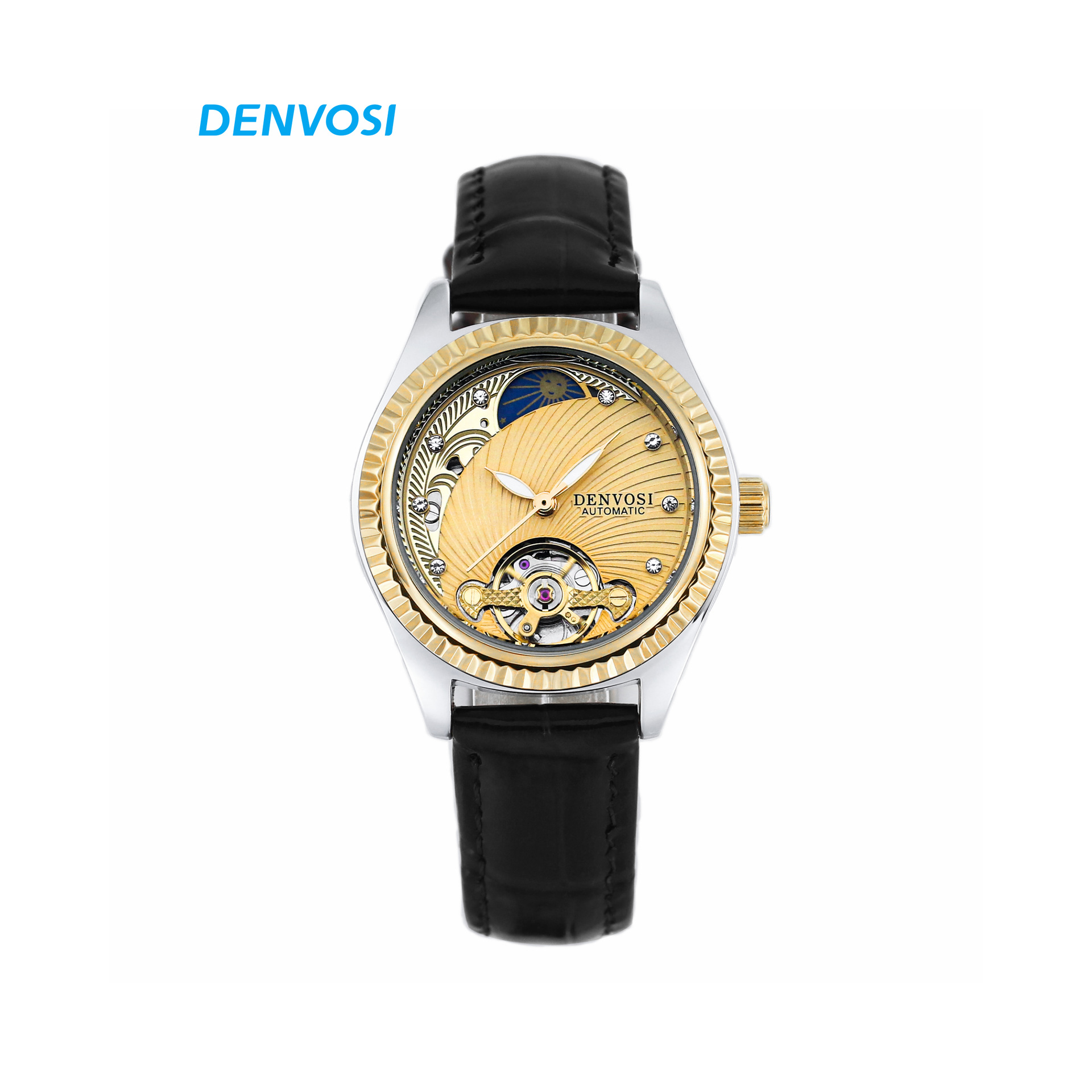 Denvosi Export Hot-Selling Simple Fashion Mechanical Watch Girls Leather Luminous Flywheel Women's Watch Factory Wholesale