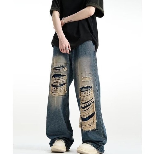 American streetwear retro ripped denim pants for men, summer wash distressed loose wide-leg straight-leg floor-length pants trendy