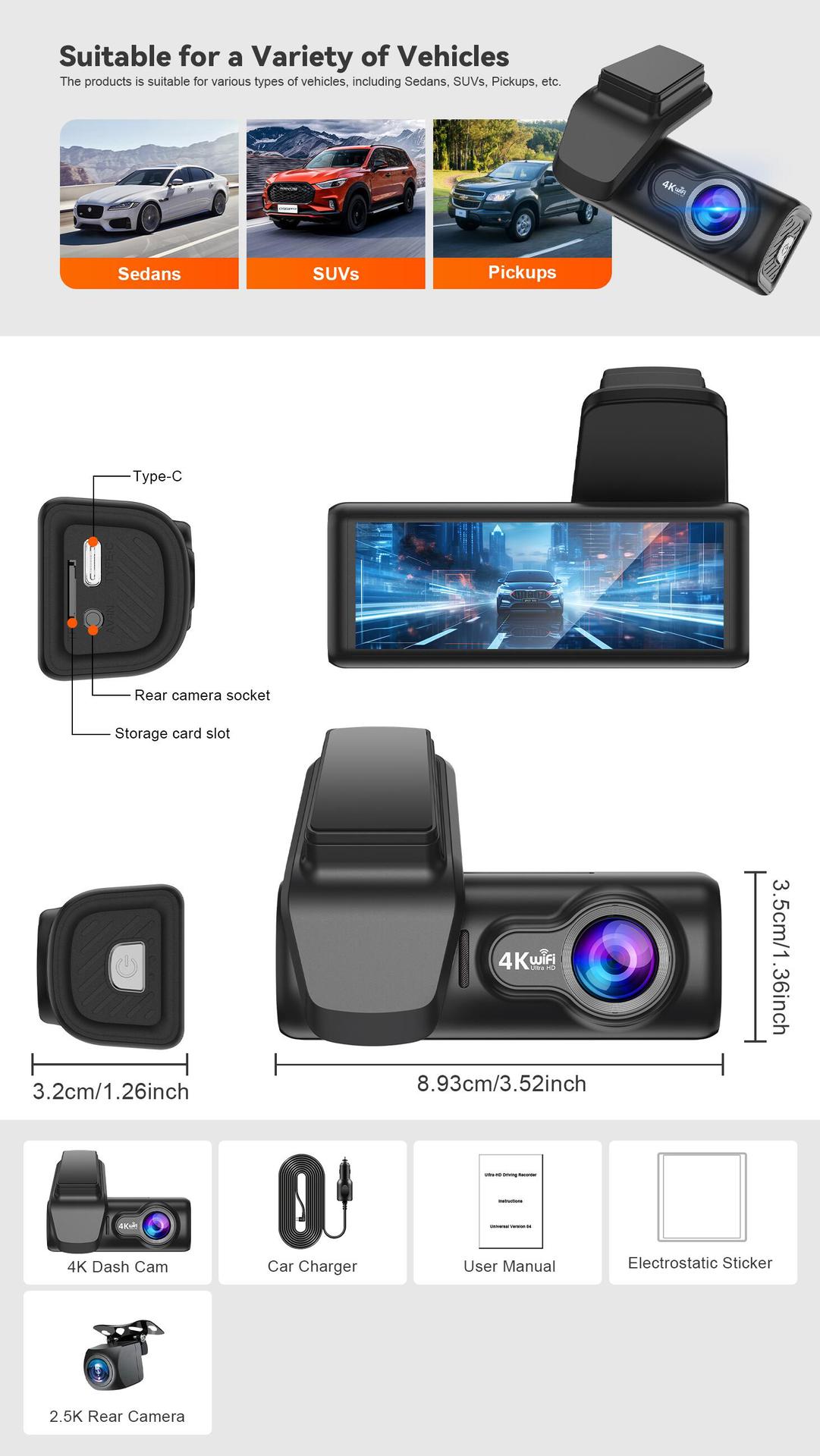 4K Dual Lens Hidden Car Dash Cam Front and Rear 3.2 inch Night Vision