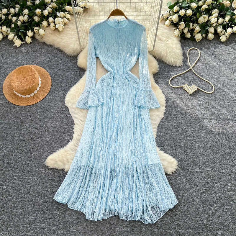 French-style romantic lace dress, women's long-sleeved, waist-cinching, slimming, elegant A-line long dress, 2026 autumn formal dress French-style romantic lace dress, women's long-sleeved, waist-cinching, slimming, elegant A-line long dress, 2026 autumn formal dress