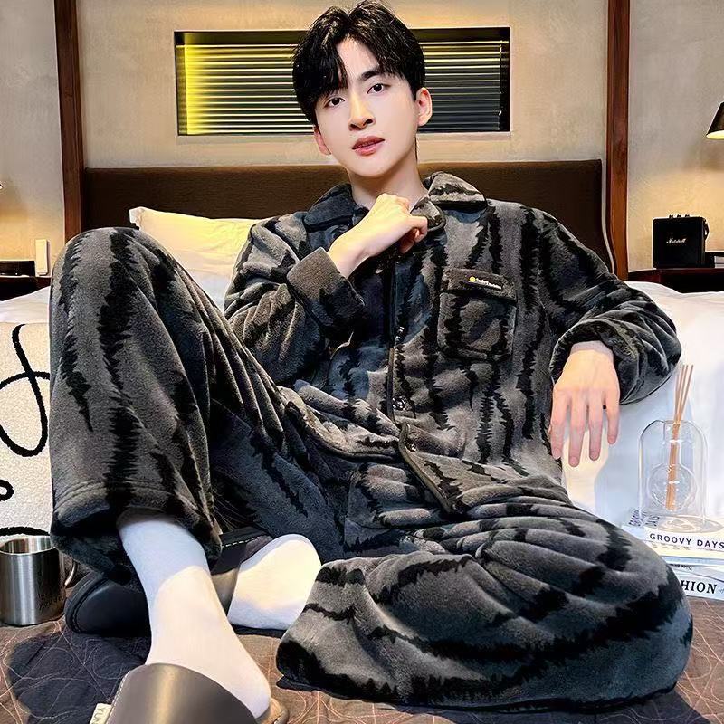Autumn and Winter New Men's Home Clothes Coral Velvet Thickened Warm Pajamas Can Be Worn Outside Home Clothes