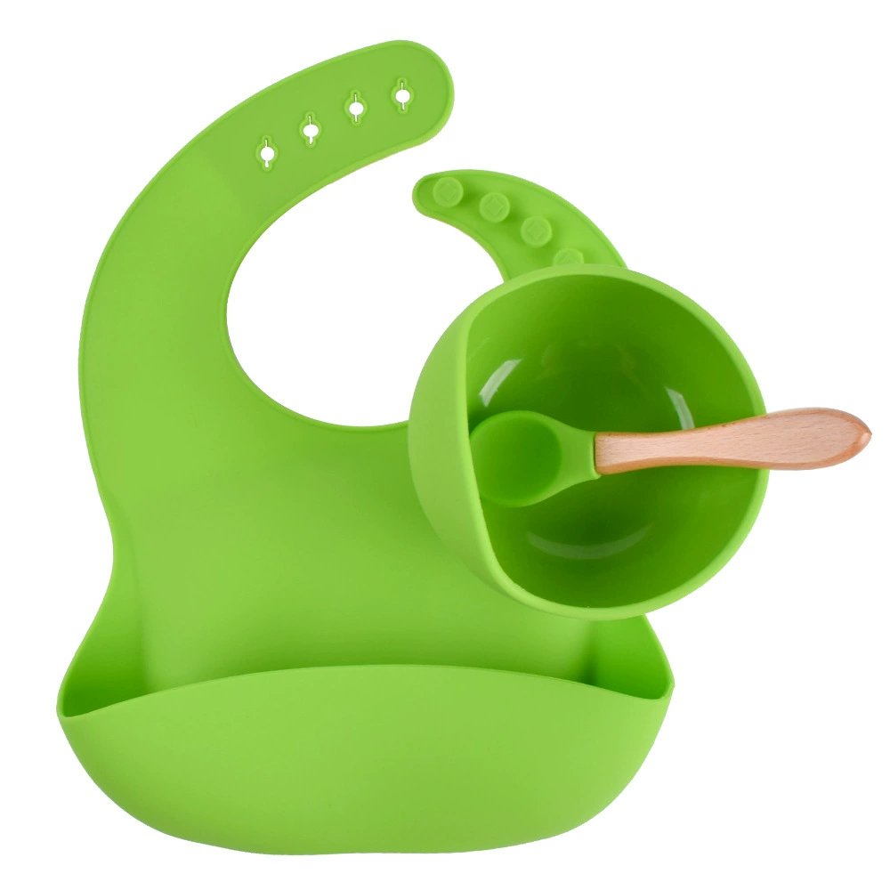 Silicone children's tableware set — bib, bowl and spoon with suction base, multi-color
