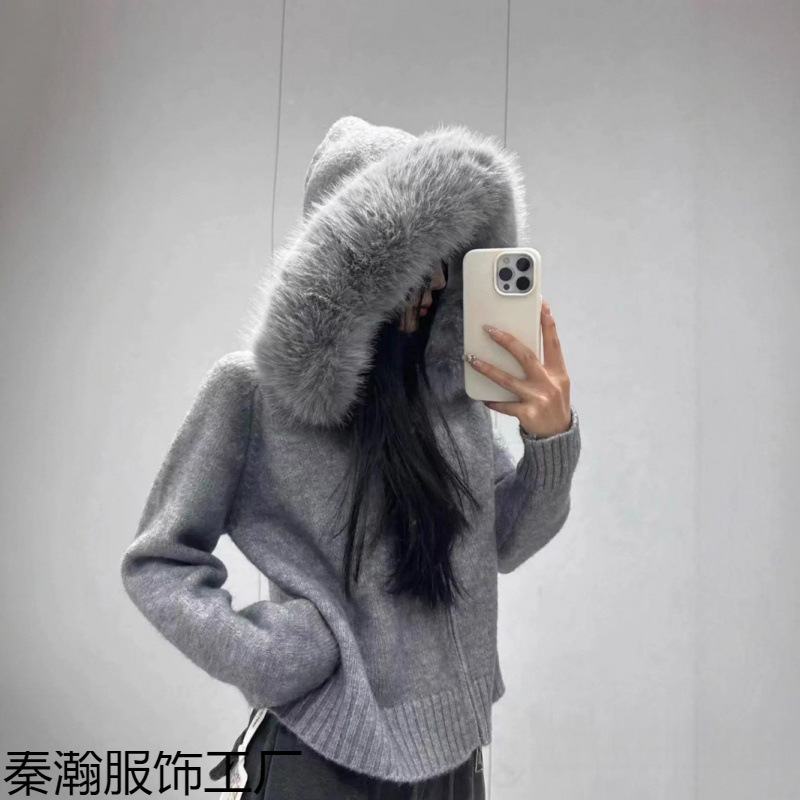 Korean Style Large Fur Collar Hooded Zipper Knitwear Women's Cardigan Jacket Autumn and Winter New Loose Small Top Knitwear Korean Style Large Fur Collar Hooded Zipper Knitwear Women's Cardigan Jacket Autumn and Winter New Loose Small Top Knitwear