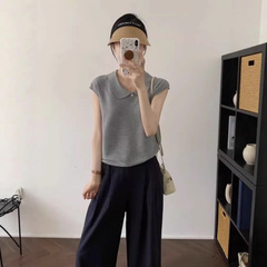 韓国系灰色polo襟小飛袖アイスニットtシャツ