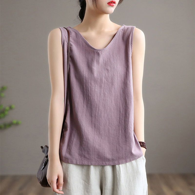 100% Cotton and Linen Large Size Loose Vest for Women and Mothers 2021 New Summer Style Inner Sleeveless Outer T-Shirt Top for Women