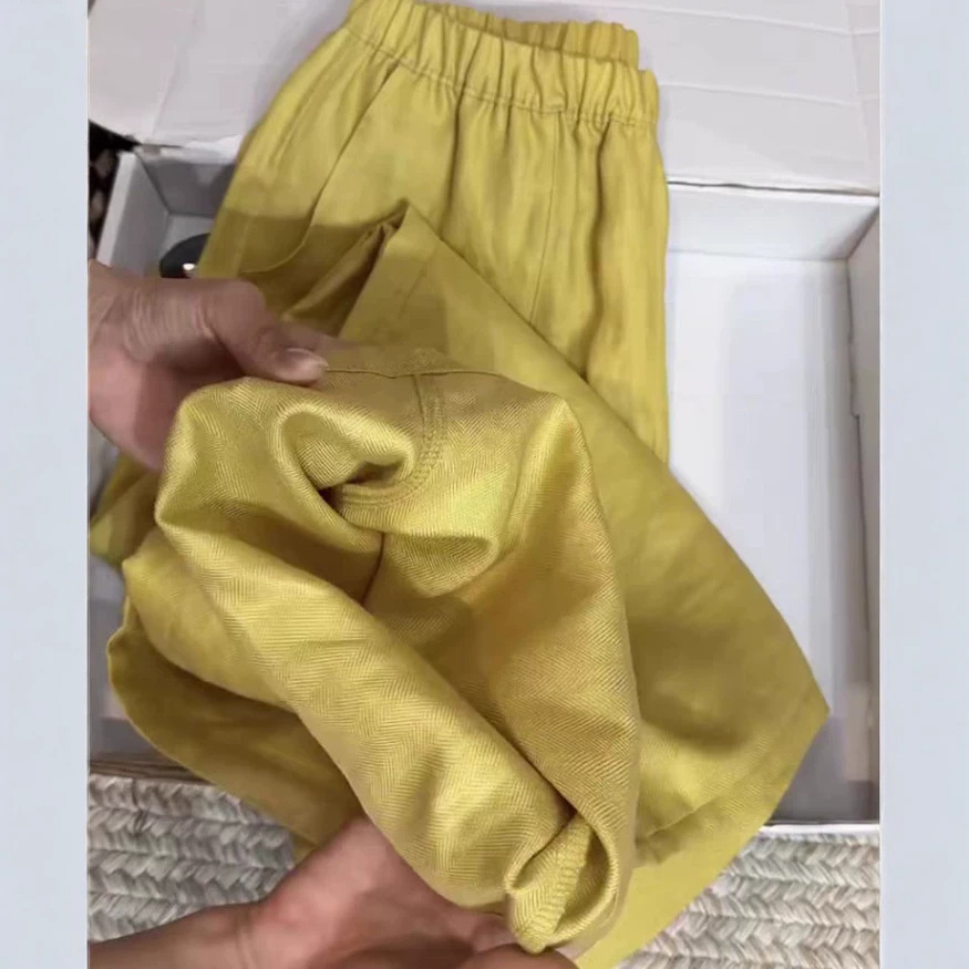 Quần culottes nữ ống rộng vải lanh màu vàng eo cao mùa hè — màu vàng
