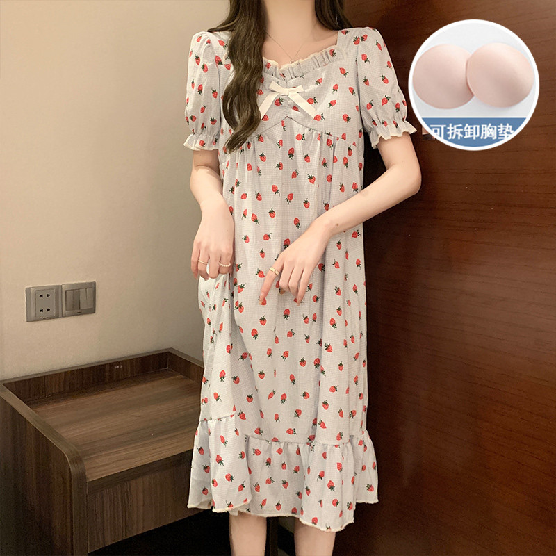 Transfronterizo con cojín de pecho pijama de mujer de verano de manga corta pijama de algodón nubes vestido largo cojín de pecho ropa de hogar adorable vestido exterior