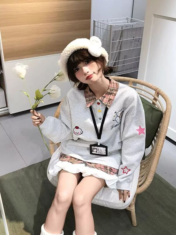 美式复古小狗刺绣POLO领假两件长袖卫衣女秋冬学生宽松外套上衣|undefined