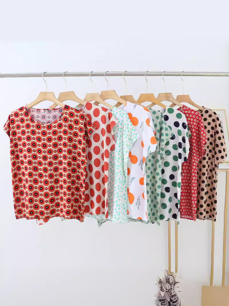 Summer cotton silk printed top women's thin loose slimming short sleeve artificial cotton outer wear round neck T-shirt