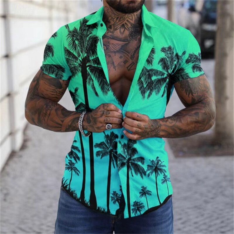 European and American Style Tropical Coconut Tree Print Short-Sleeved Shirt for Men, Slim Fit Lapel Hawaiian Versatile Casual Shirt Wholesale European and American Style Tropical Coconut Tree Print Short-Sleeved Shirt for Men, Slim Fit Lapel Hawaiian Versatile Casual Shirt Wholesale