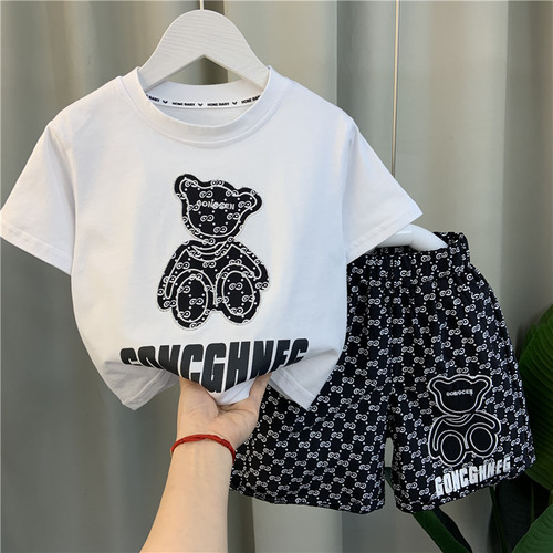 Summer boys' suits summer clothes  new pure cotton short-sleeved tops ice silk shorts medium and large children's western style two-piece set