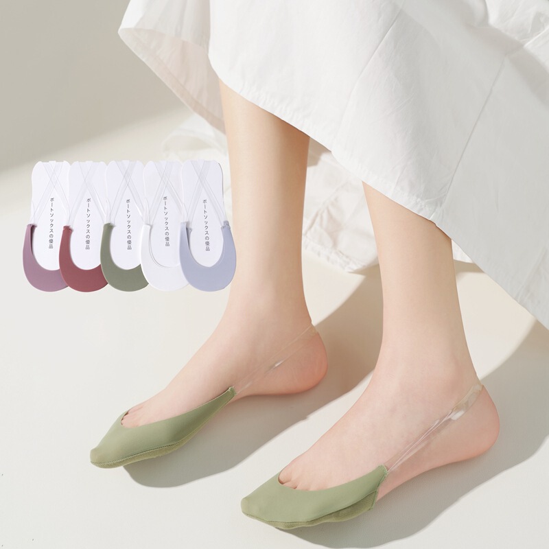 Ice Silk Women's Boat Socks, Invisible Non-Slip, No-Show, Summer Toe-Covering, Strapless, Heelless Socks, Sandal Socks