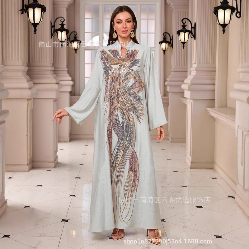 New Style Robe-Style Dress with Sequins and Heavy Print Decorations from the Chest to the Hem