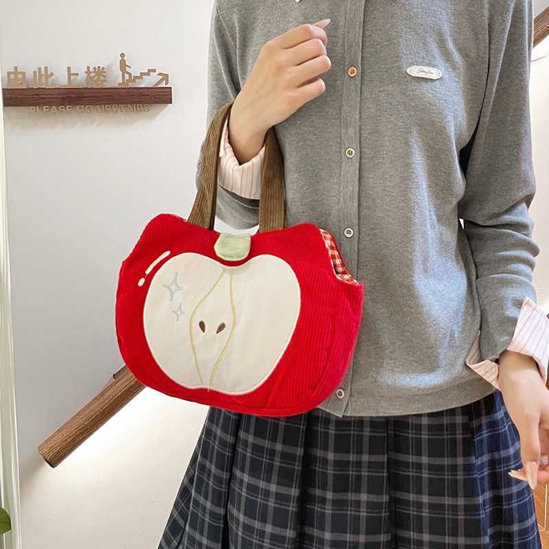New cute apple shoulder bag, available in large and small sizes, suitable for commuting, corduroy cartoon design, large-capacity handbag New cute apple shoulder bag, available in large and small sizes, suitable for commuting, corduroy cartoon design, large-capacity handbag