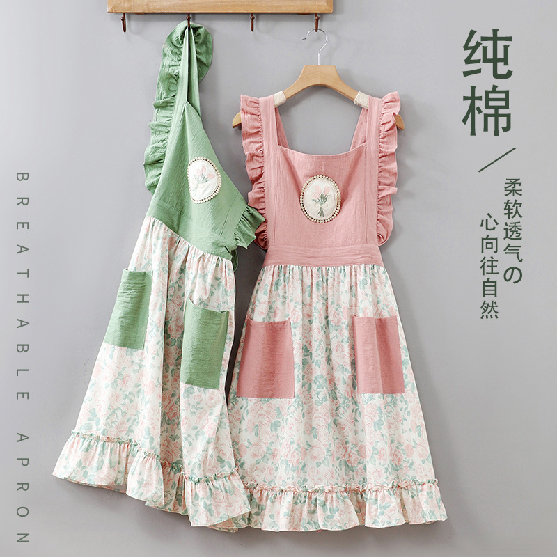Pure Cotton Princess Dress with Floral Print, 2026 New Style, Breathable and Super Pretty Apron, New Trendy Home Kitchen Apron for Florists and Work