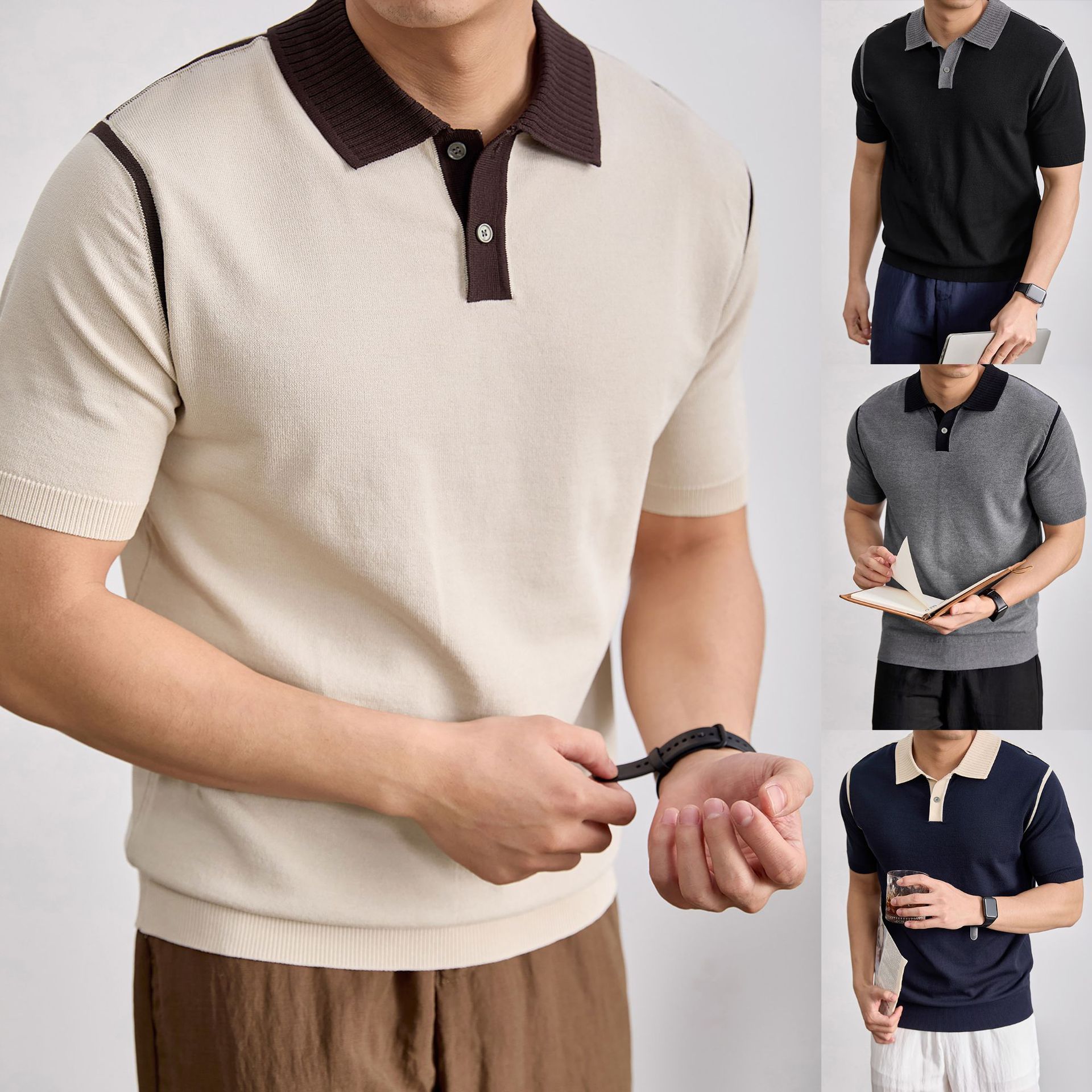 Polo camiseta de punto camiseta de manga corta camiseta de hombre paul línea tridimensional viejo qianfeng verano fábrica transfronteriza al por mayor