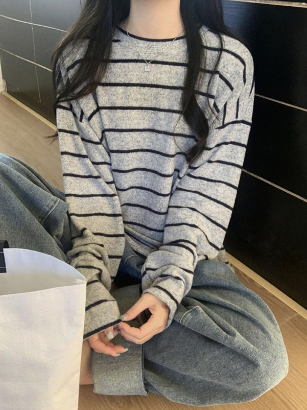 韩系慵懒风撞色条纹宽松长袖打底衫女秋冬季chic复古t恤圆领上衣|undefined