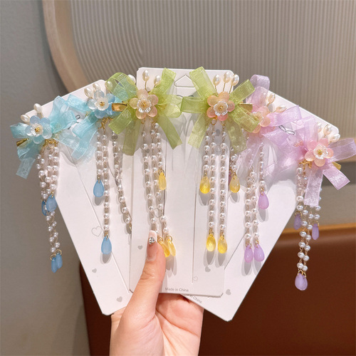 New Children's Hanfu Hair Accessories with Flower and Butterfly Design, Ancient Style Headwear with Vintage Tassels and Flowing Ribbons, Traditional Costume Hair Clips, Tang Dynasty Style Decorations