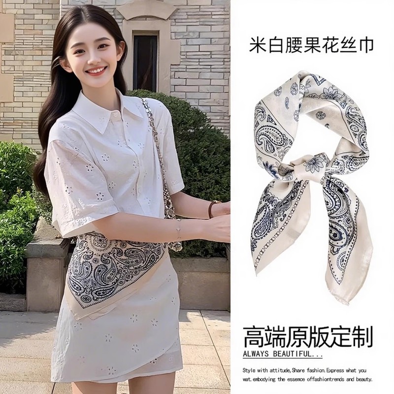 蓝色小腰果仿真丝小方巾女士围巾2025新款春夏季薄款丝巾高级感|undefined