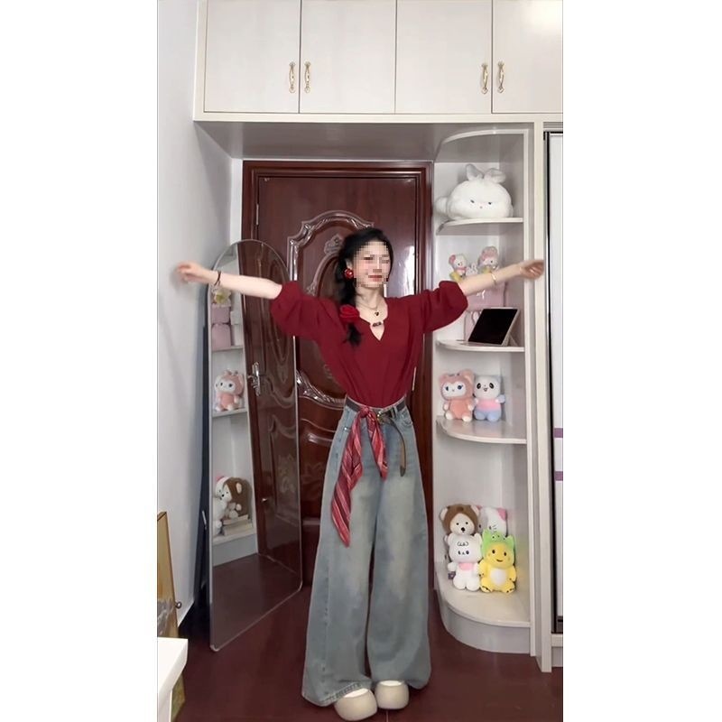 套装女2025早秋新款法式复古红色灯笼袖设计感衬衫高腰显瘦阔腿裤|undefined