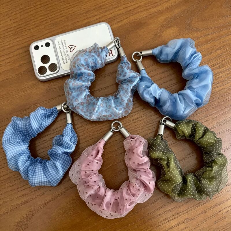 Korean-style delicate mesh pleated phone strap, retro polka dot short wristband, phone case strap, phone chain
