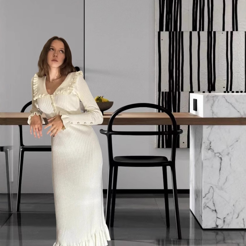 2024 Autumn/Winter New Commuting Ladies' Ruffle Knitted Dress_voghion.com