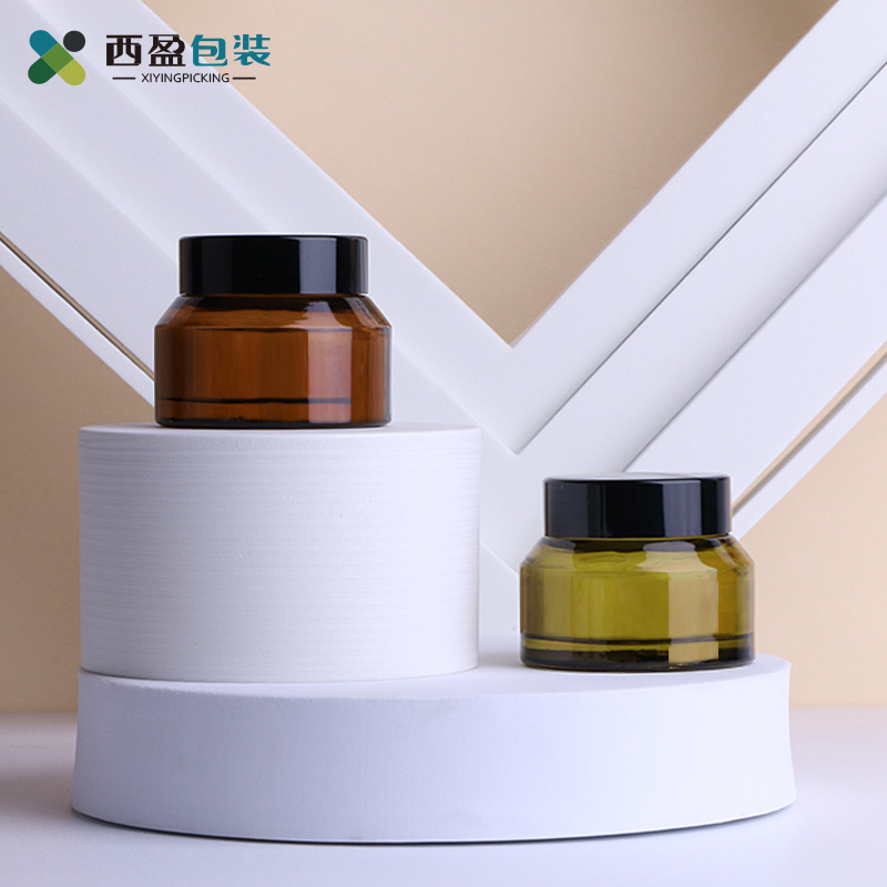 新西盟现货50g橄榄绿透茶斜肩膏霜瓶 配黑色光面盖眼霜面霜玻璃瓶