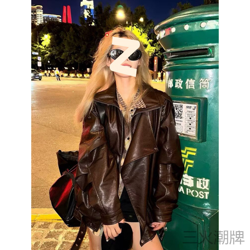 European and American Street Fashion Loose Biker Leather Jacket Men's Trendy Handsome High-End Pilot Pu Leather Jacket