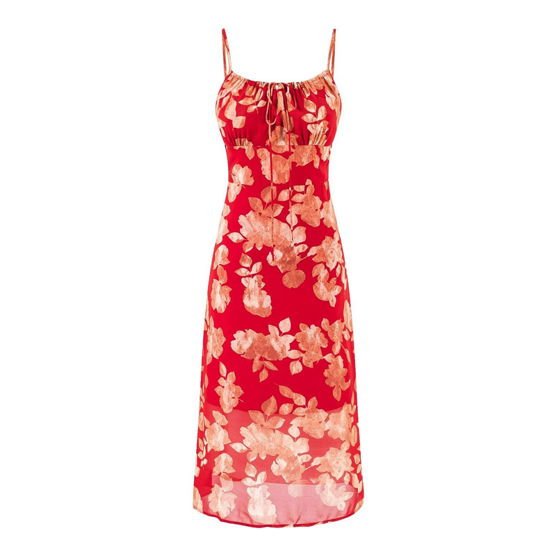 French Retro Style Summer Chiffon Printed Suspender Dress Slim Fit Slimming Red Long Dress Versatile