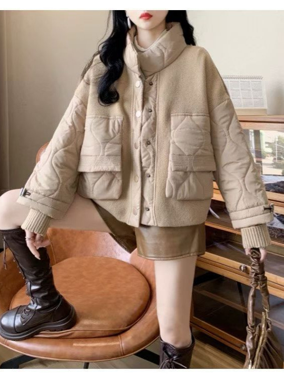 设计感拼接棉服毛衣外套2025秋冬新款韩版宽松短款休闲针织开衫女|undefined