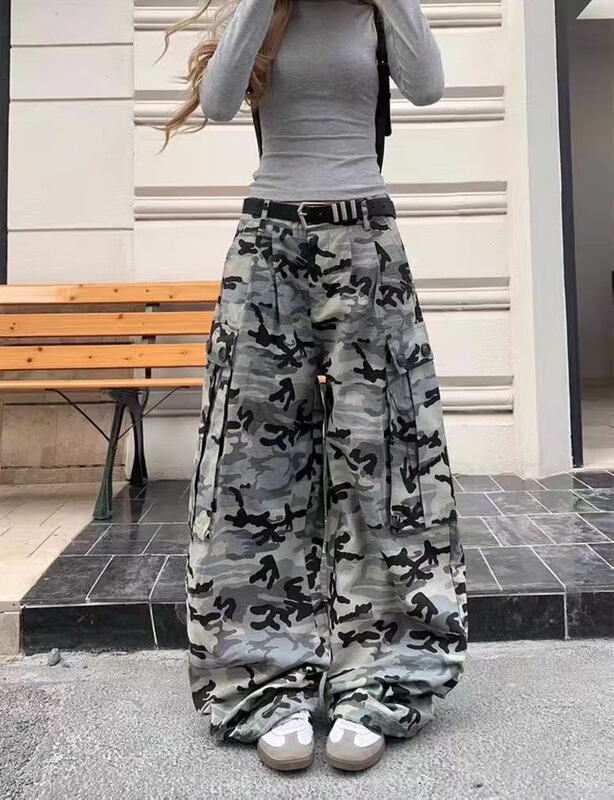 梵思羽美式复古迷彩工装牛仔裤女潮牌宽松百搭拼接阔腿拖地长裤子|undefined