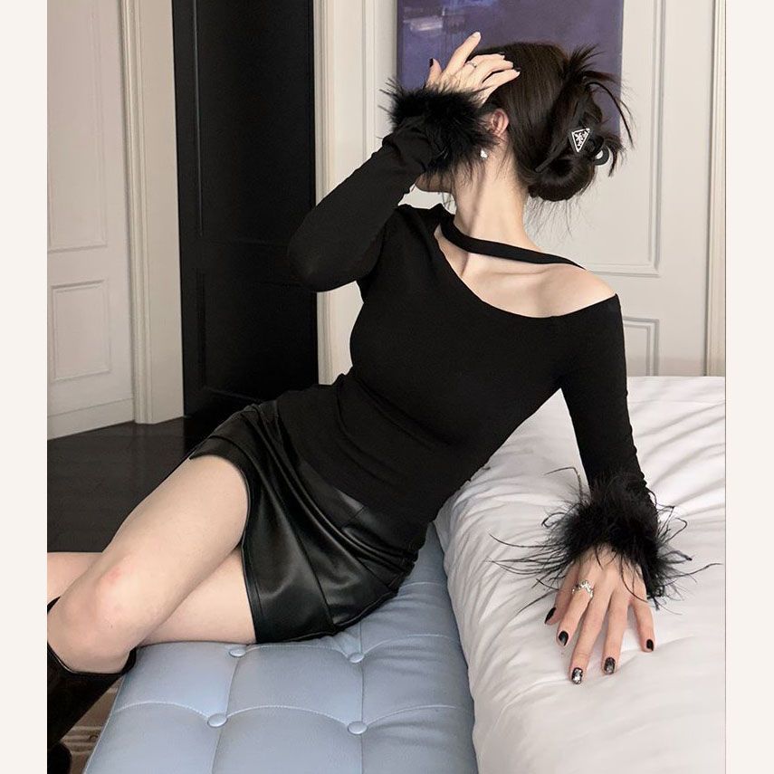 跨境批发秋冬新款毛毛袖内搭黑色设计感打底衫女修身高级感上衣