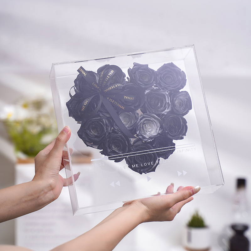Caja de regalo de amor portátil de espejo personalizado al por mayor flores CD caja de flores de acrílico transparente caja de regalo de tapa de cesta de flores