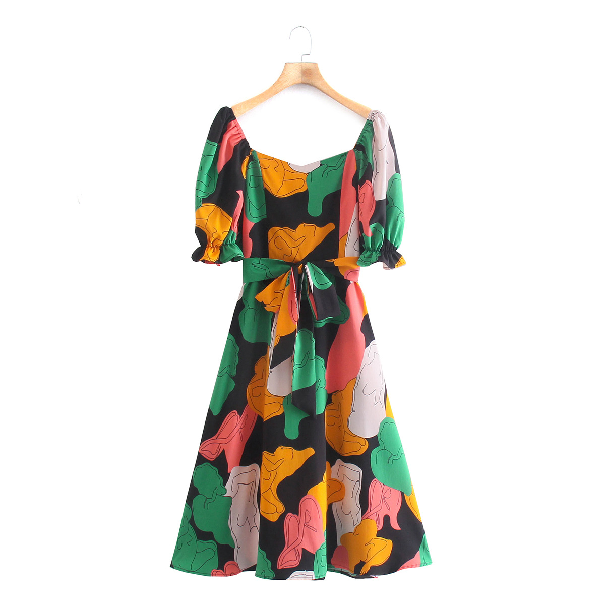 Color Print Belt Dress NSXFL106088